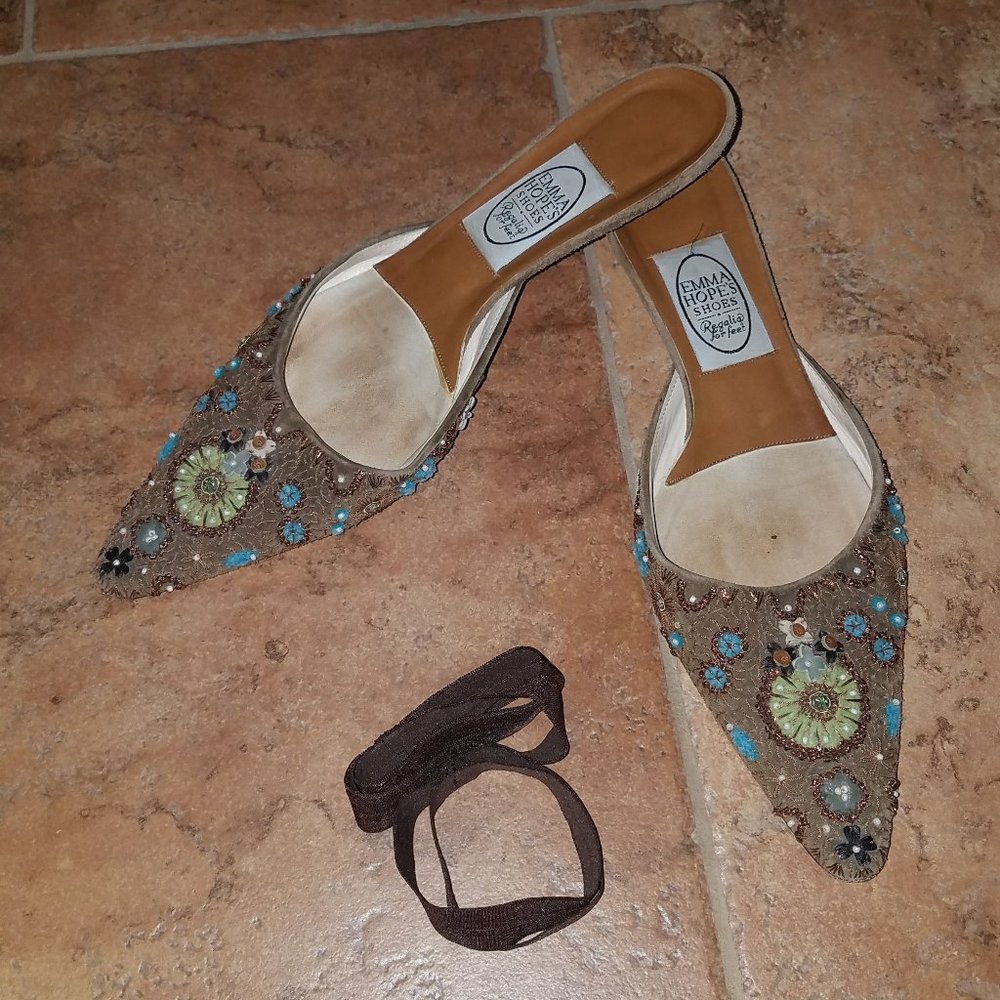 Emma Hope Tan Elaborate Beaded Kitten Heel Mule